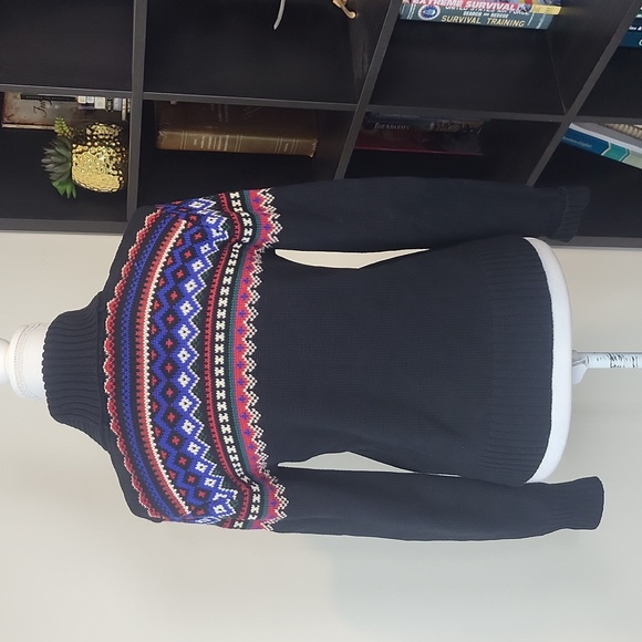 LAUREN RALPH LAUREN Black Red Blue Cotton Toggle V-neck Fair Isle Sweater - Picture 3 of 9